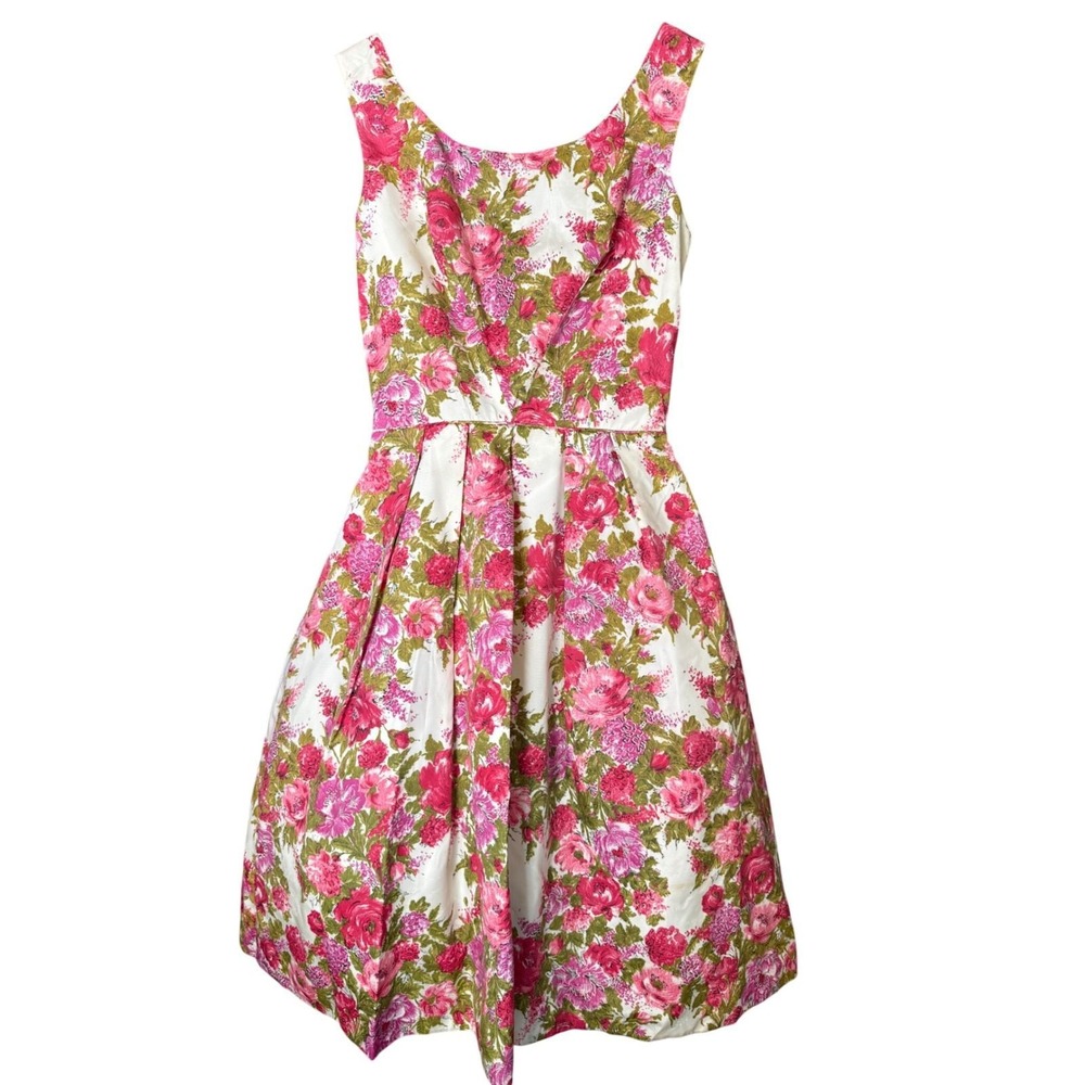 50s Vintage Pink Floral Fit and Flare Dress Sleeveless Bow Back Pleated Skirt